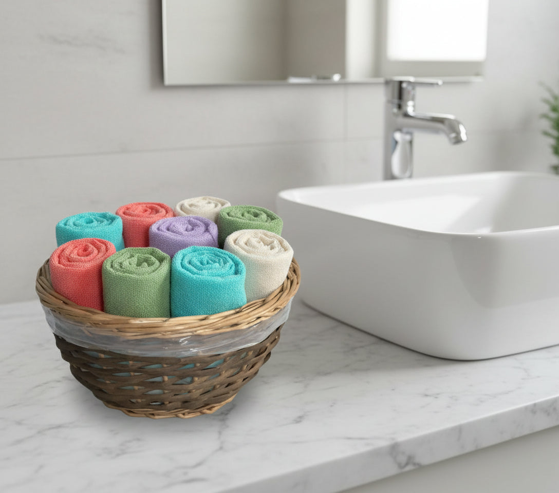 12 inch basket with plastic liner used for colorful washcloths for guests.