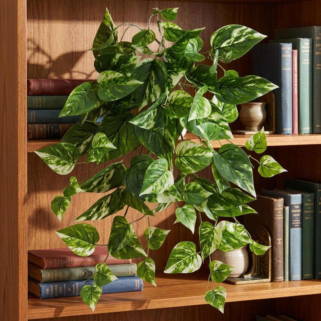 19 inch artificial pothos ivy UV protected cascading inside a book shelf