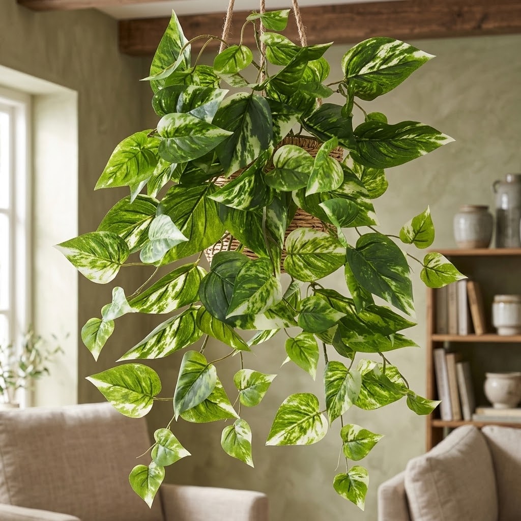 19 inch artificial pothos ivy UV protected in a wicker basket
