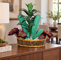 21 inch artificial column cactus arrangement with burgundy succulents in an oval bark container on a dining room sideboard