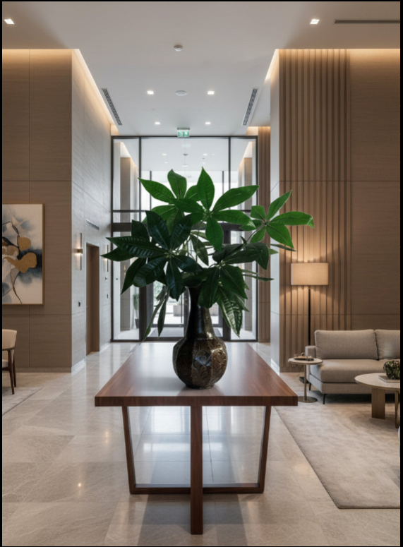 26 inch money tree arranged in a condo entrance