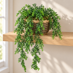 28 Inch Artificial PVC Boxwood Trailing Vine styled in 12 Inch Wicker Basket—container sold separately
