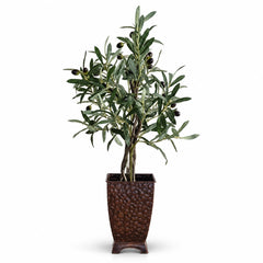 28 inch artificial olive tree on natural wood in a hammered copper container on a white background
