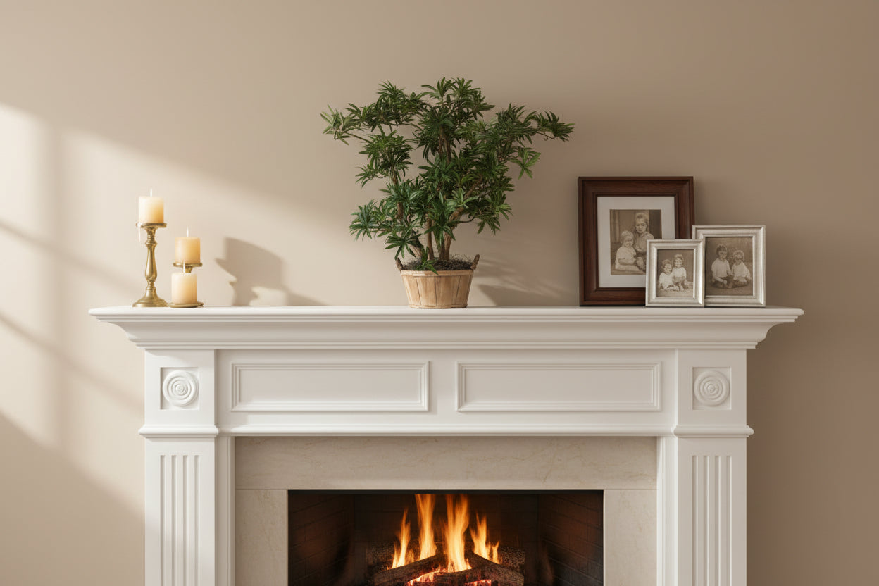 28 inch artificial silk pittosporum plant on natural wood on display on a fireplace mantle
