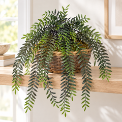 35 Inch Artificial PVC Peppermint Trailing Vine styled in 12 Inch Wicker Basket—container sold separately