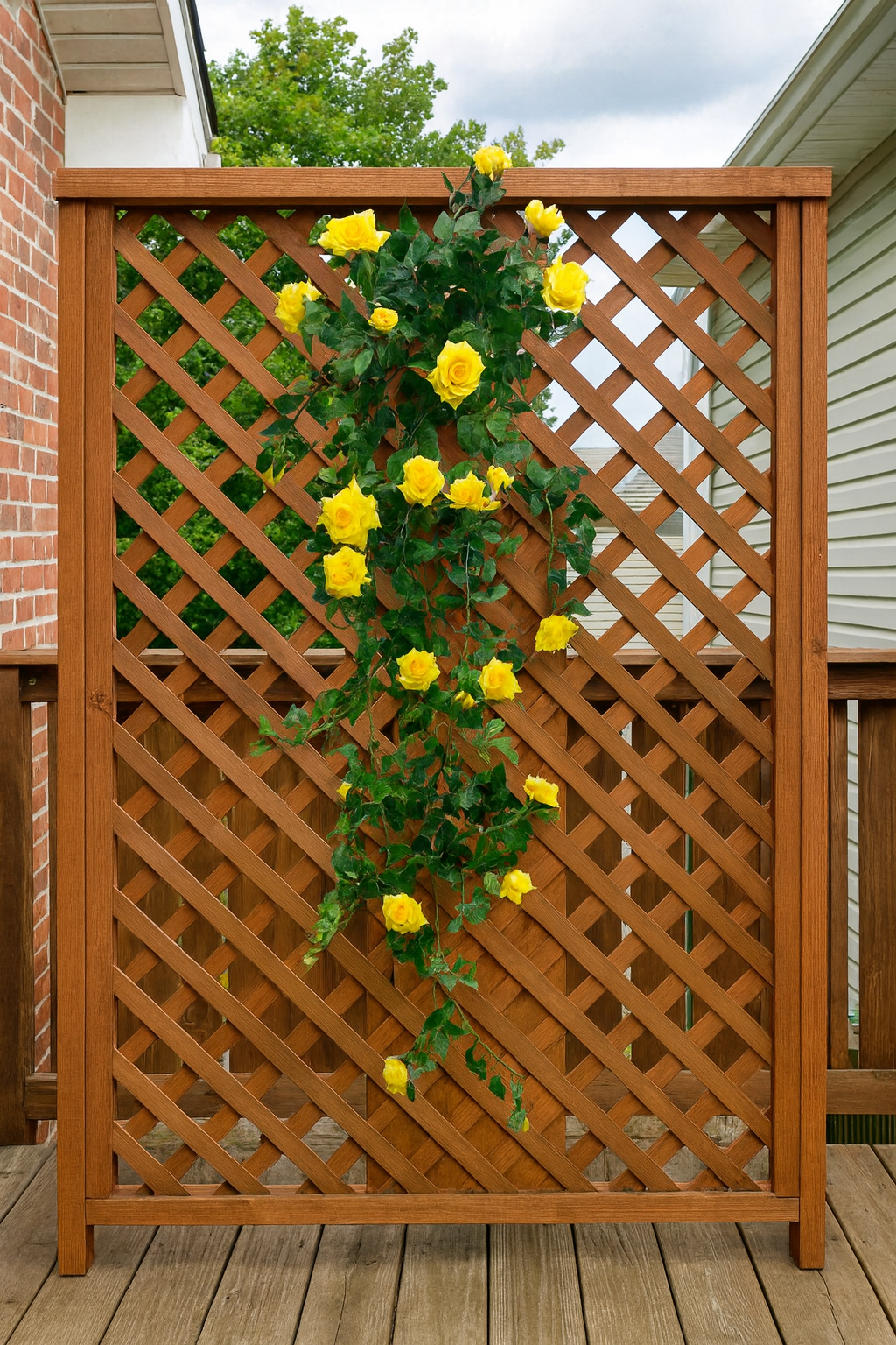 48 inch Artificial yellow silk rose trailing vine on a large piece of lattice on an outside deck between 2 properties and providing privacy