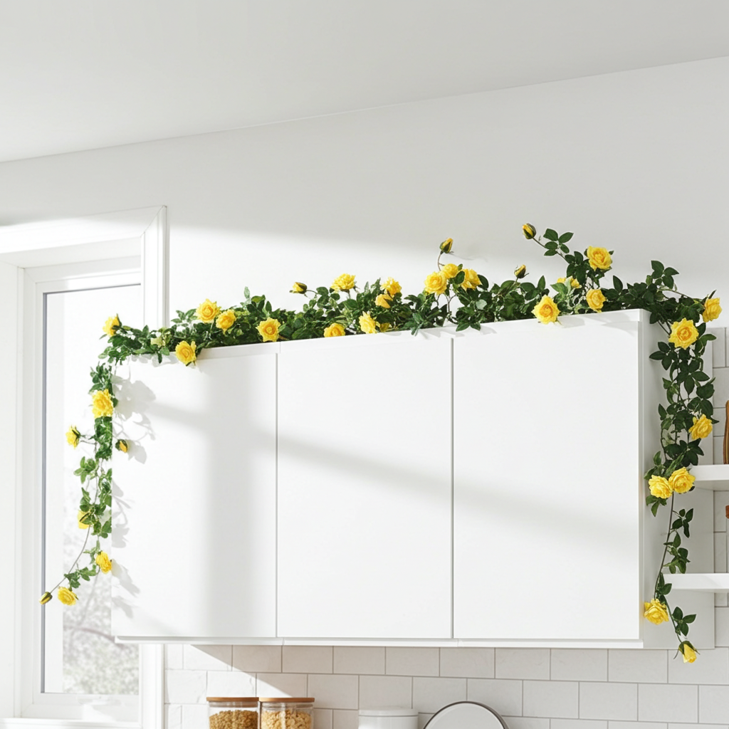 Yellow rose garland with green leaves draped over white kitchen cabinets in a bright, modern kitchen.