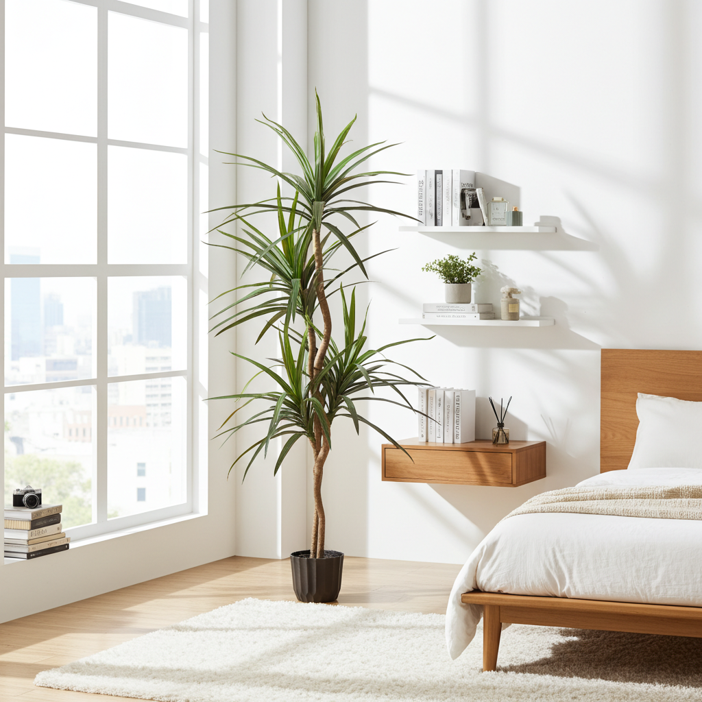 Artificial Silk Dragon Tree Beside a Bright Bedroom Window