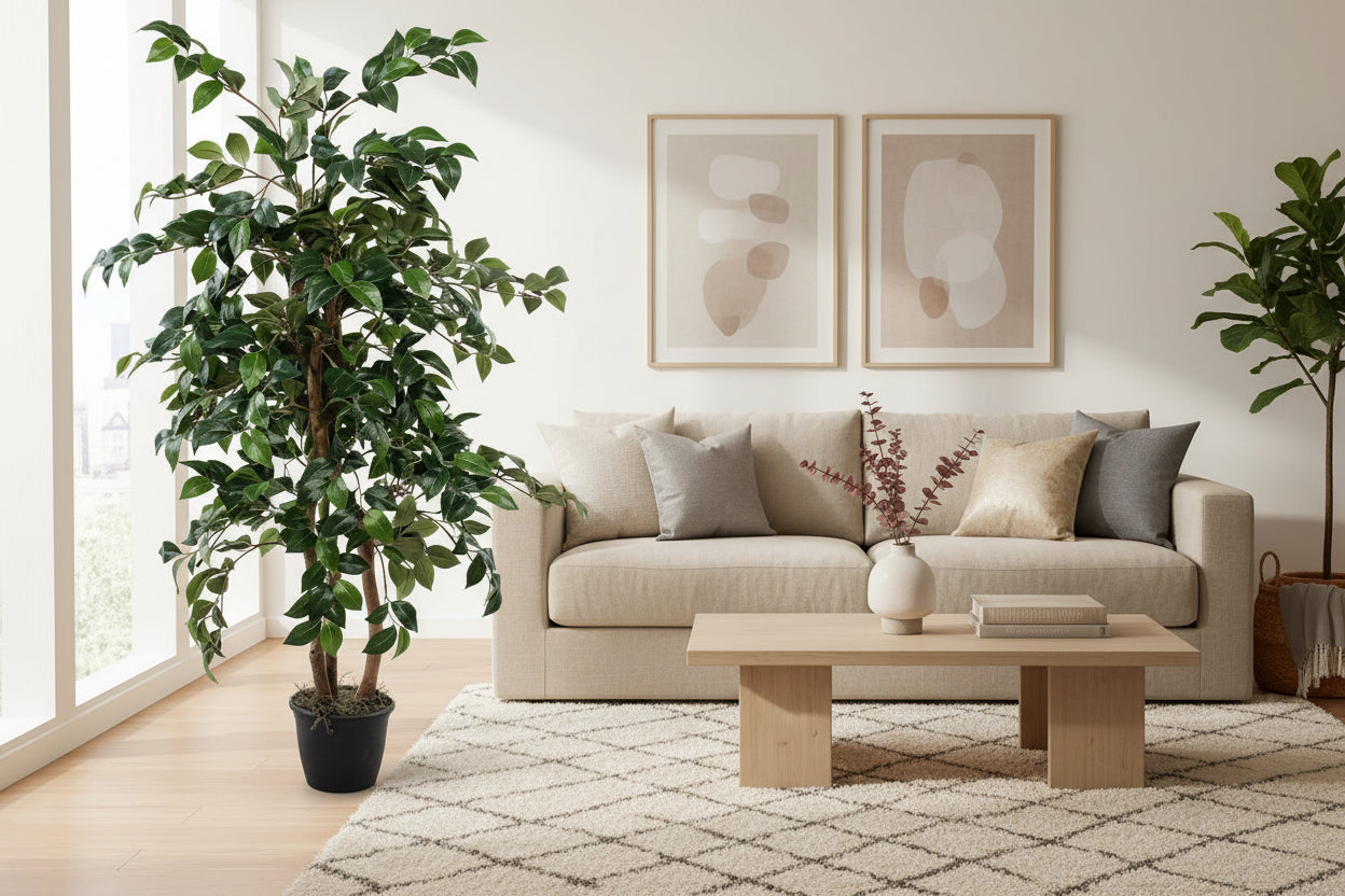 54 inch artificial silk camellia tree custom made on wood in an living room setting