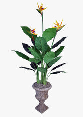 58" Artificial Bird of Paradise plant in decorative stone-look pot. Colorful faux floral arrangement.
