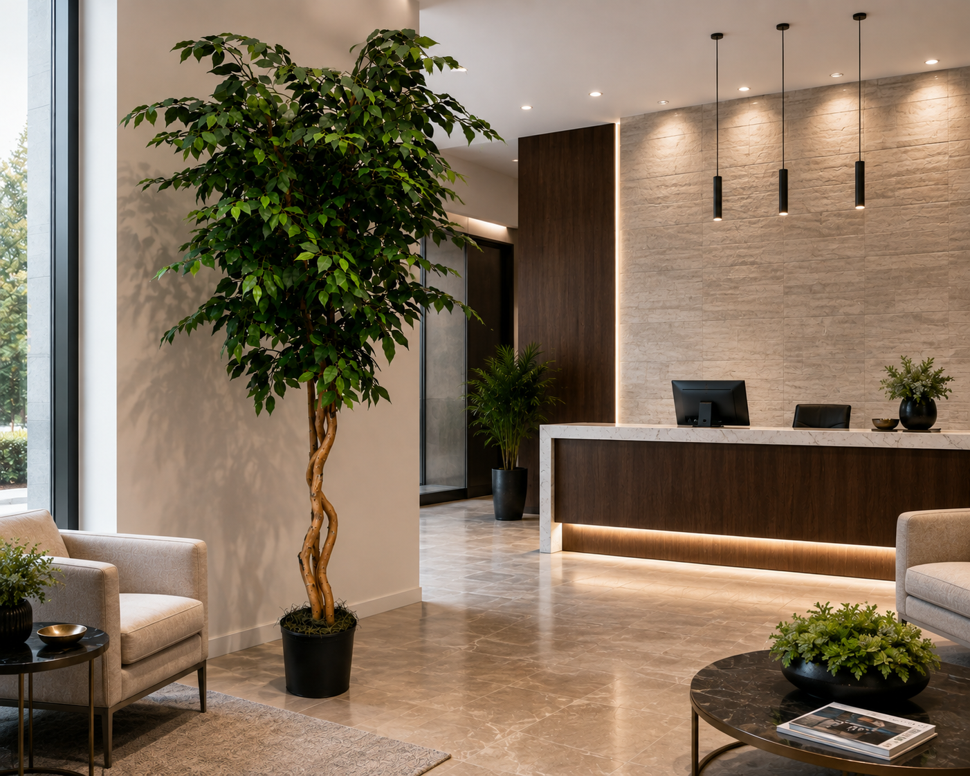 8 Foot Artificial Ficus Tree Displayed in an Executive Office