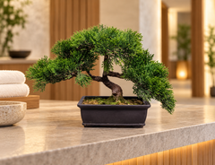9 inch artificial PVC cedar bonsai in its dark rectangular container on a spa reception counter
