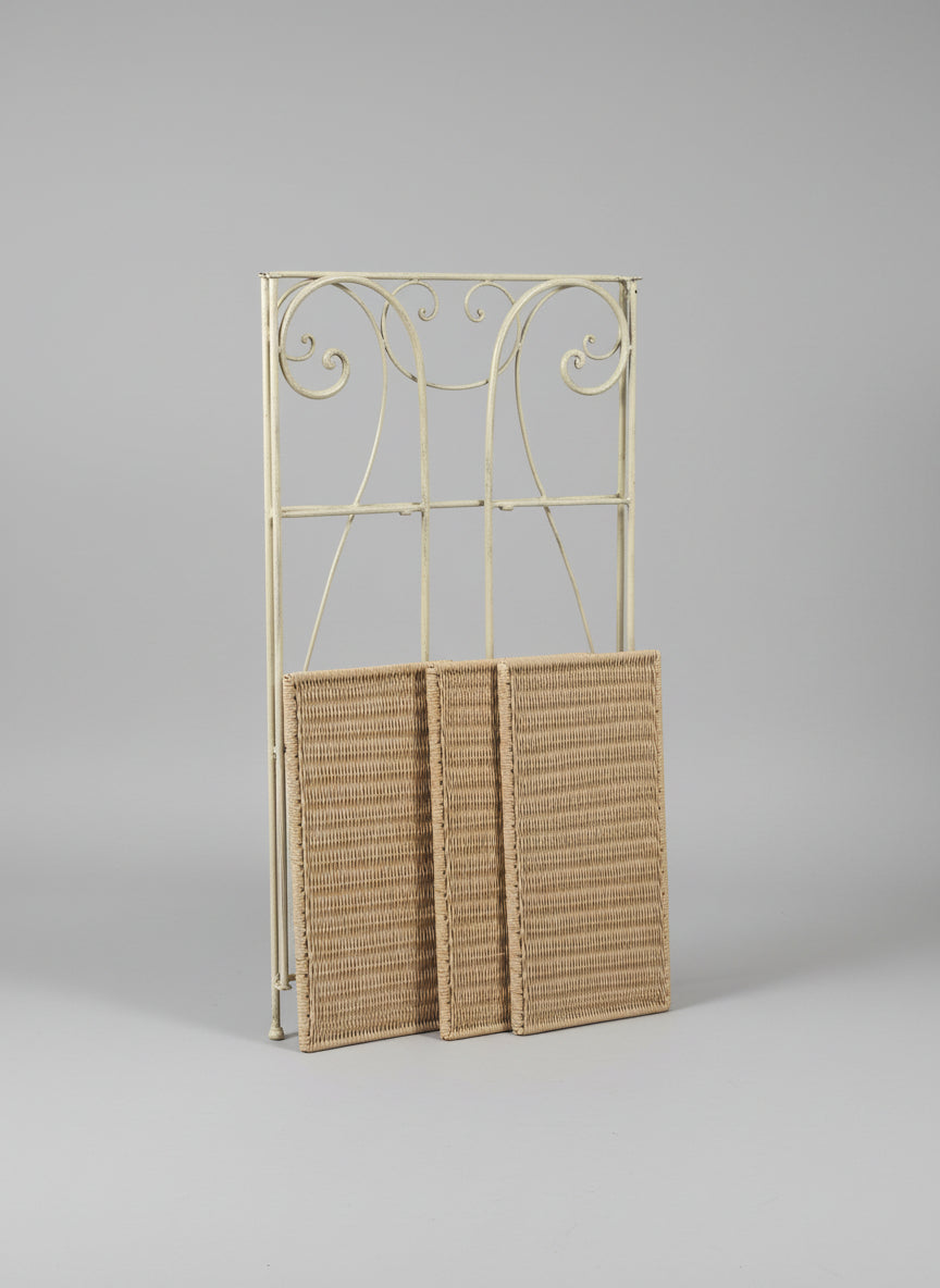 White Wash Metal Wicker Stand with 3 Shelves for Decor