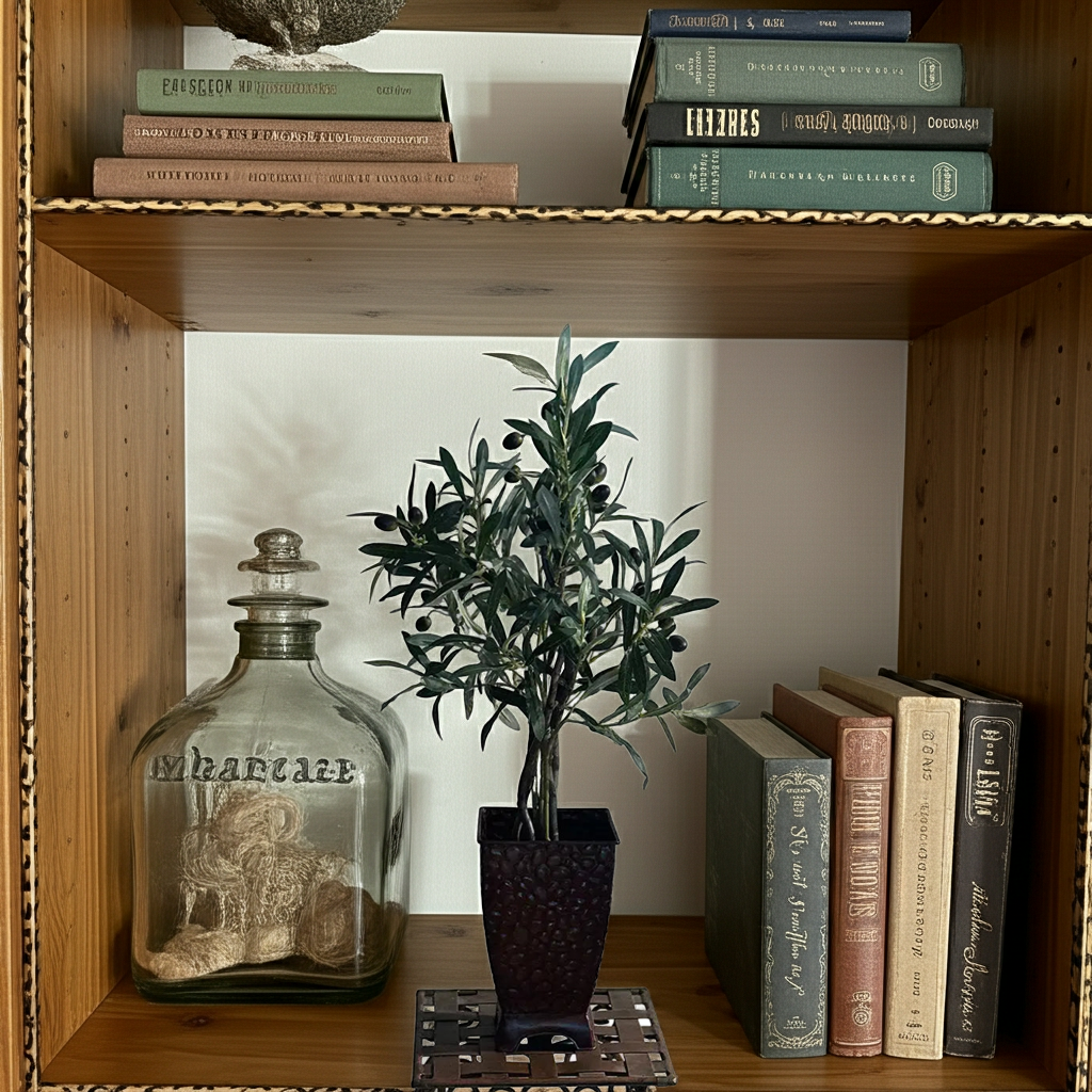 Faux olive tree indoor décor with natural wood trunk