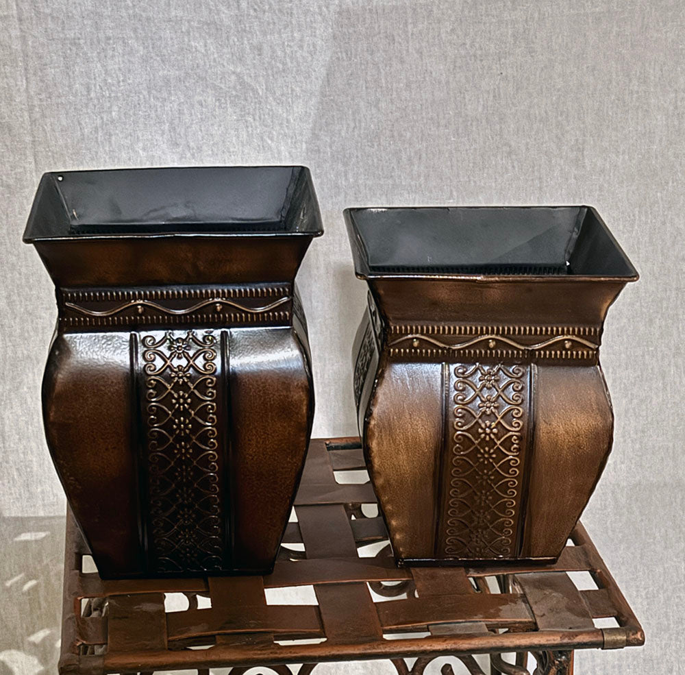 Set of 2 Decorative Metal Containers (Two-Tone Brown) | Versatile Home & Garden Décor