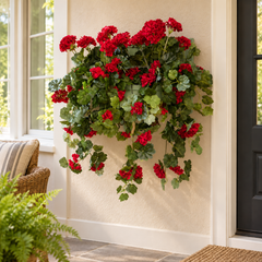 Artificial red geranium arrangement cascading from a sage green metal wall planter in an enclosed breezeway