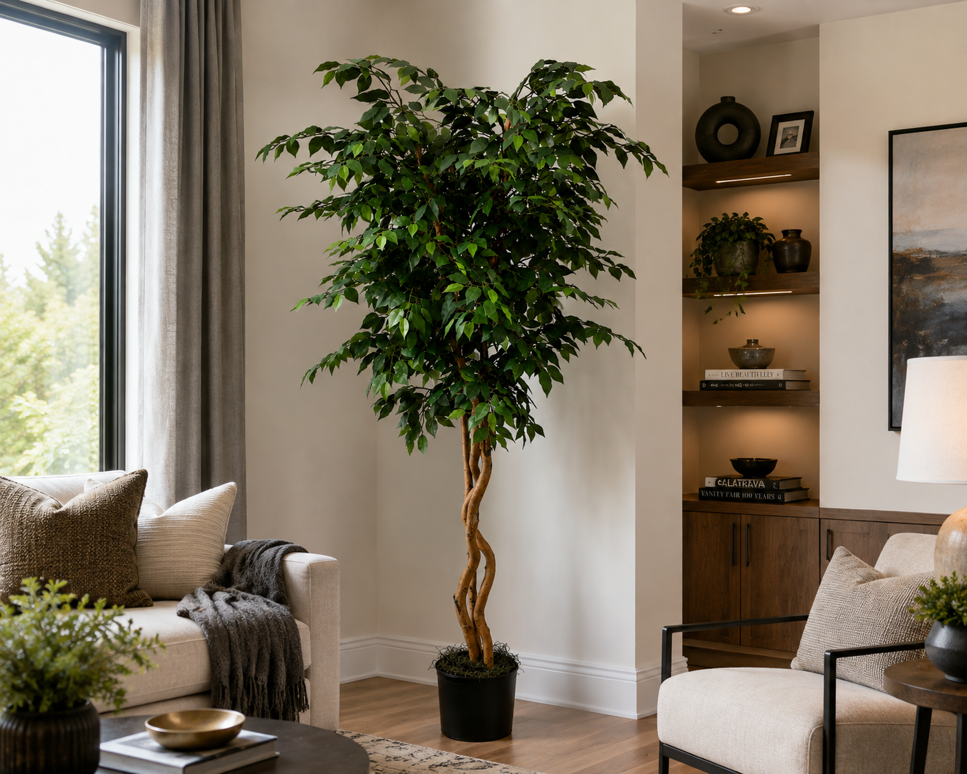 Artificial Silk Ficus Tree in an Upscale Living-Room Interior
