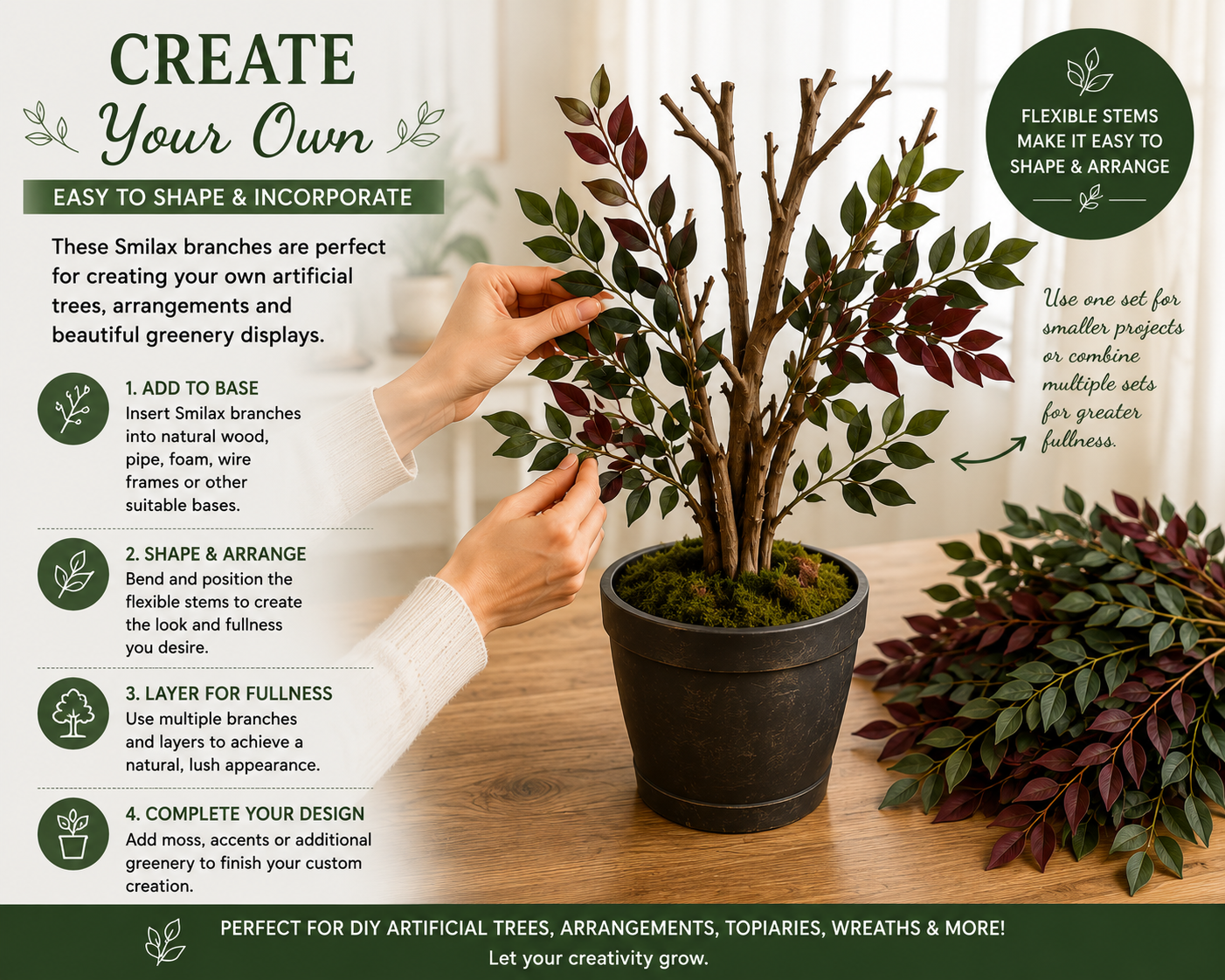 Artificial Smilax branches being arranged for a DIY artificial tree or greenery project