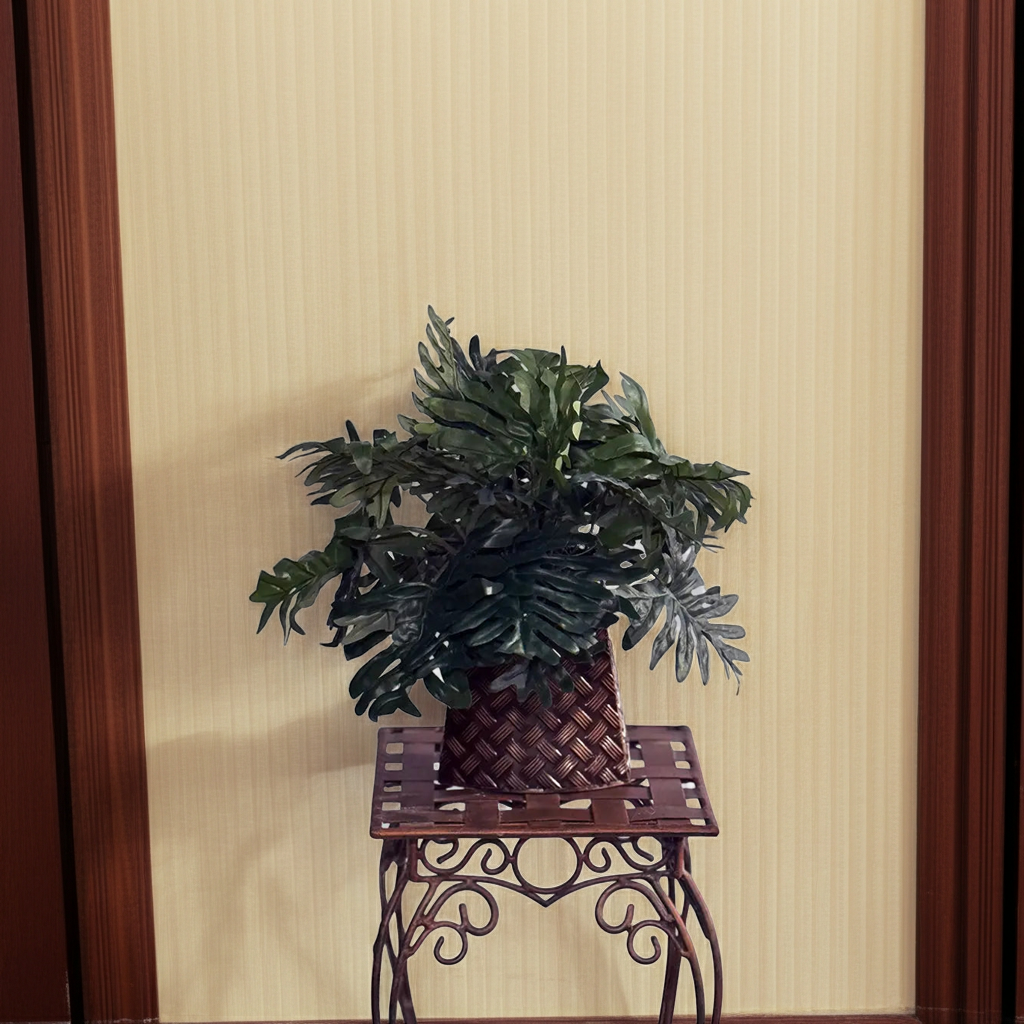 15" Artificial Silk Selloum arranged in a Metal Lattice Table Vase in an hallway