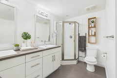 selloum leaf in deco container in bathroom