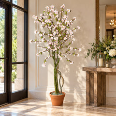 68 inch Artificial Silk Cherry Blossom Tree Custom Made on Natural Wood in an event venue entrance, displayed in its included grower’s pot.