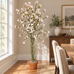68 inch Artificial Silk Cherry Blossom Tree Custom Made on Natural Wood in a residential dining room, displayed in its included grower’s pot.