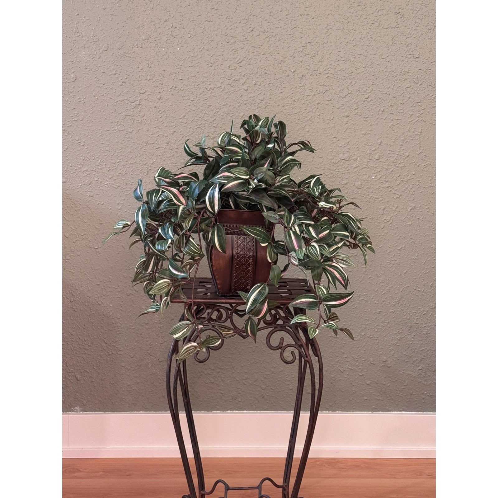 Original photograph of the two artificial Wandering Jew ivies in their included two-tone brown metal container; display stand not included.
