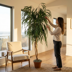 Woman Arranging the Leaves of an Artificial Silk Weeping Willow Tree