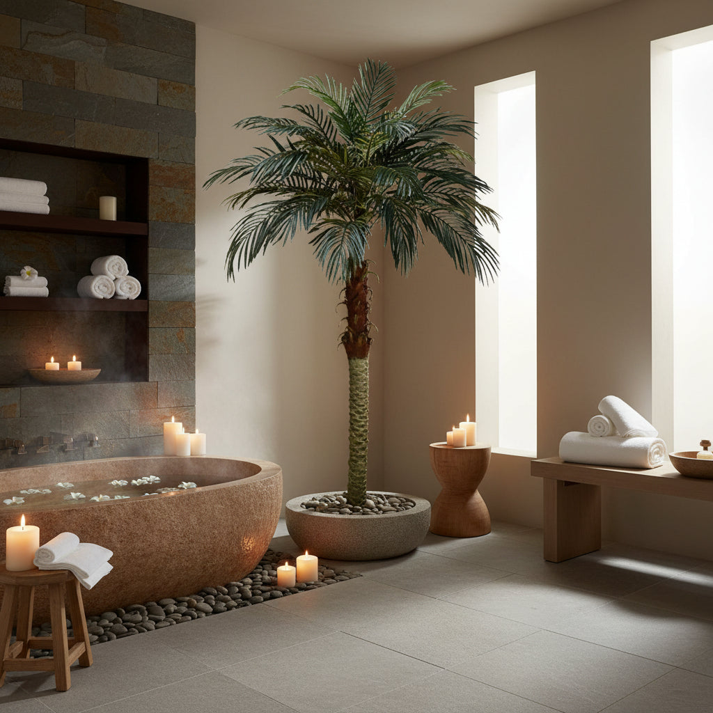 70 inch Artificial Silk Phoenix Palm Tree for Indoor and Outdoor displayed in a Spa.