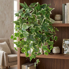 19 inch Artificial English Ivy Bush UV Protected placed inside a bookshelf adding color to a bookshelf