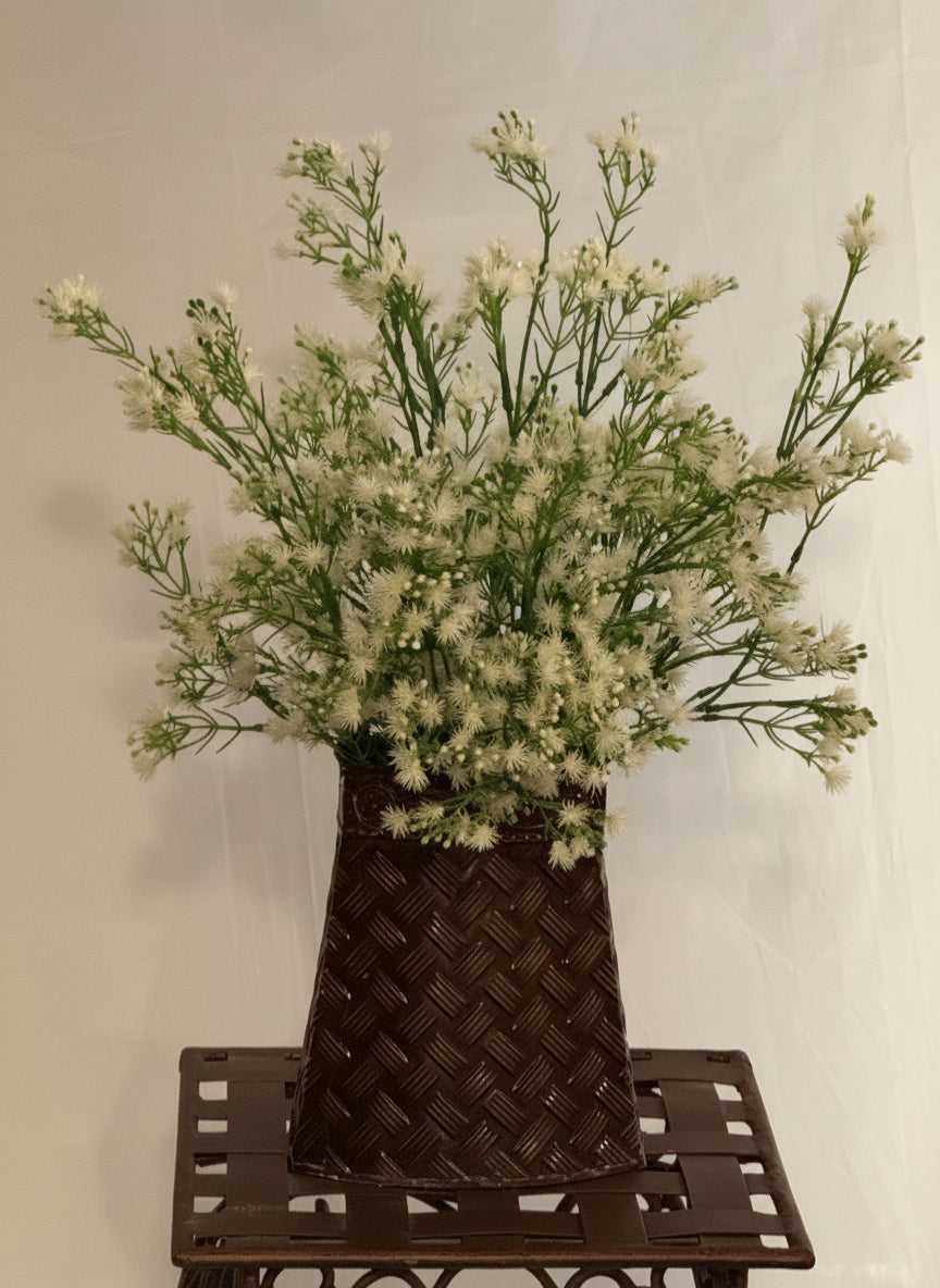 Silk dandelion plant in metal vase tabletop floral arrangement