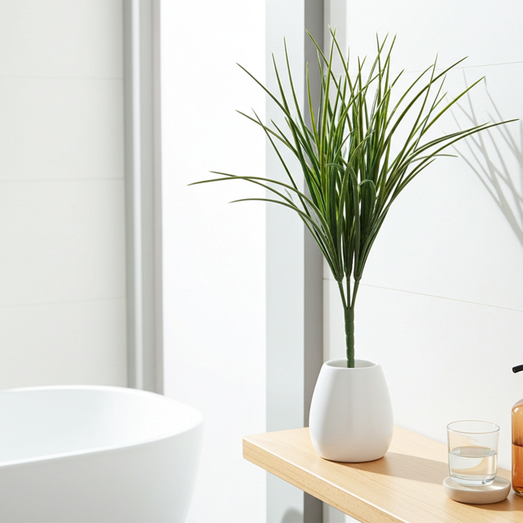 19 inch pvc onion grass in a round white ceramic vase in a bathroom setting