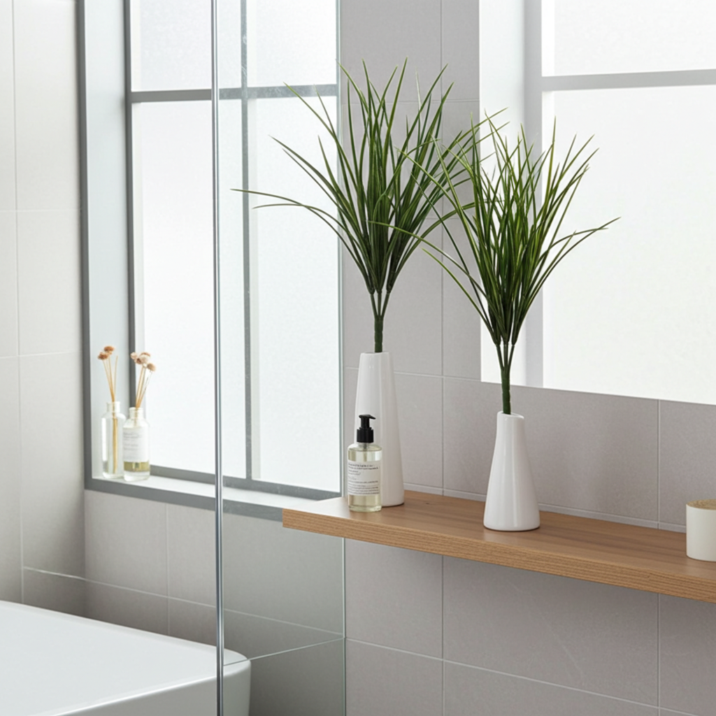 19 inch pvc onion grass in a simple white vase in a bathroom setting