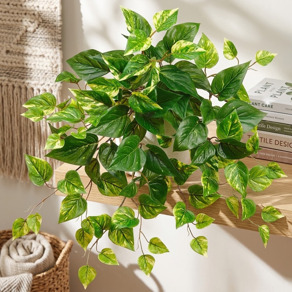 20 inch Artificial Silk UV Protected Pothos cascading gently on a book shelf