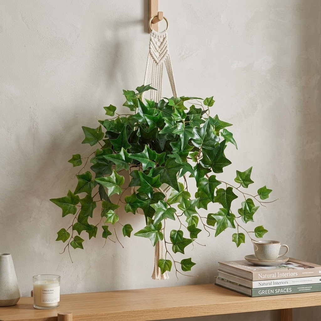 20 inch Artificial Silk UV protected English Ivy nested led in a macrame hanger