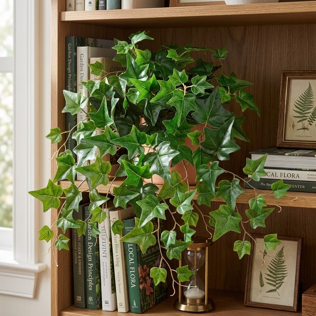 20 inch Artificial Silk UV protected English Ivy sitting inside a bookshelf