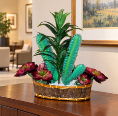 21 inch artificial column cactus arrangement in an oval bark container on a museum lounge console