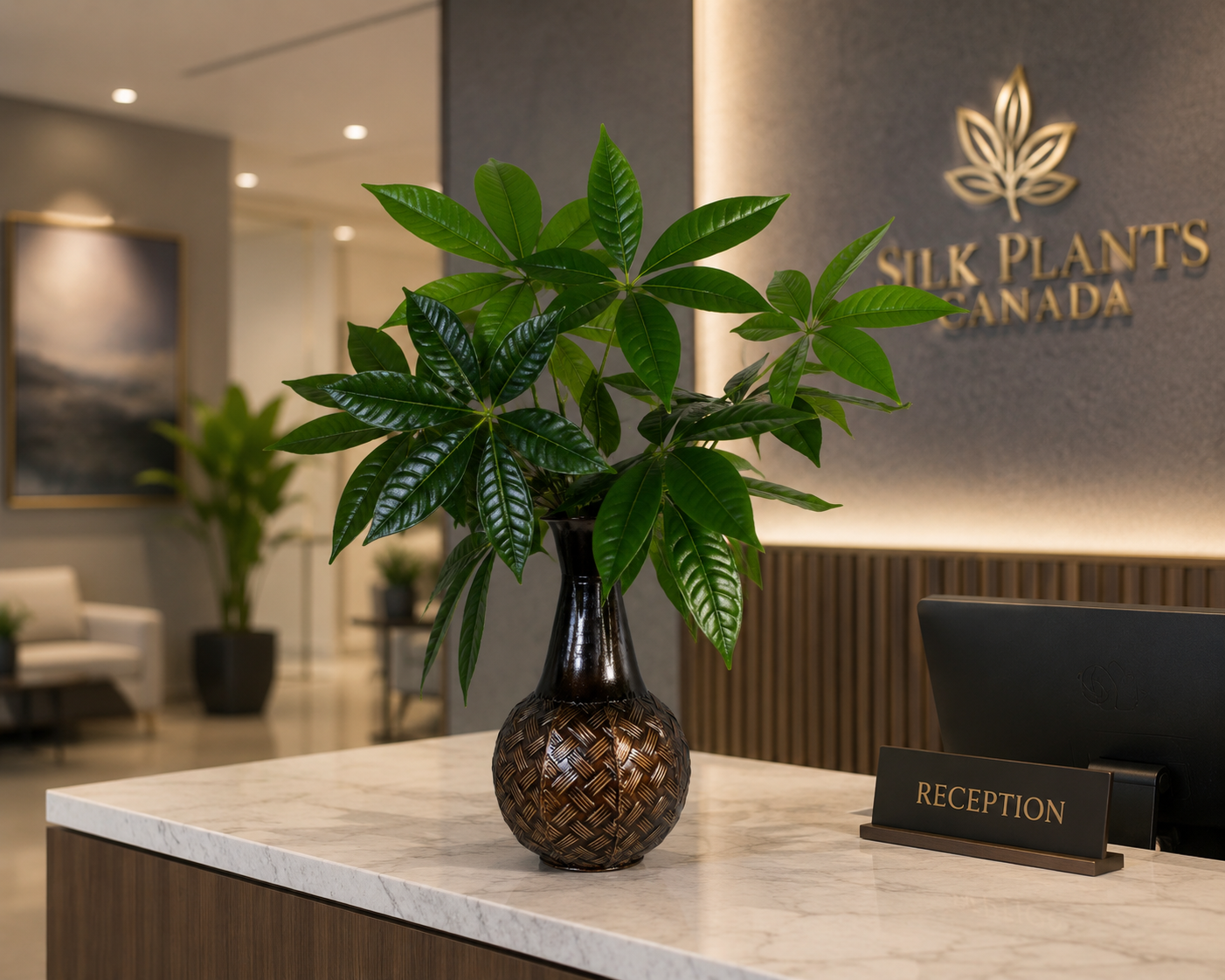 26 Inch Artificial Money Tree Arrangement displayed on a reception counter in a professional office