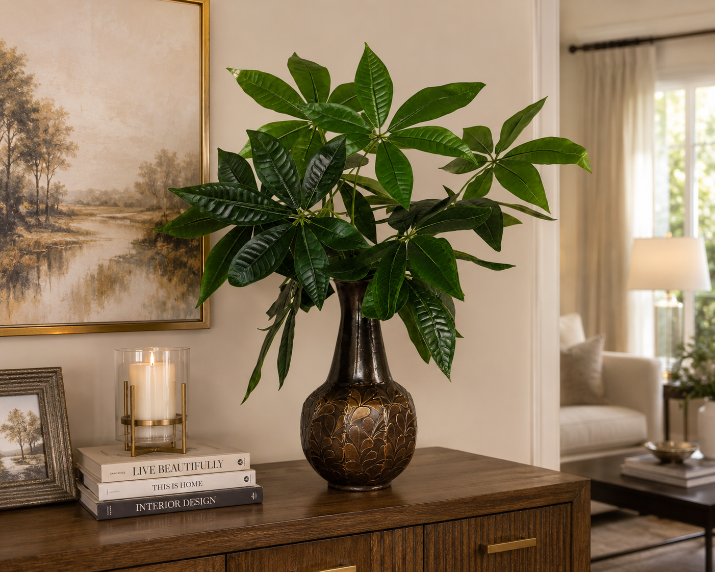 26 Inch Artificial Money Tree Arrangement displayed on a console table in a contemporary home