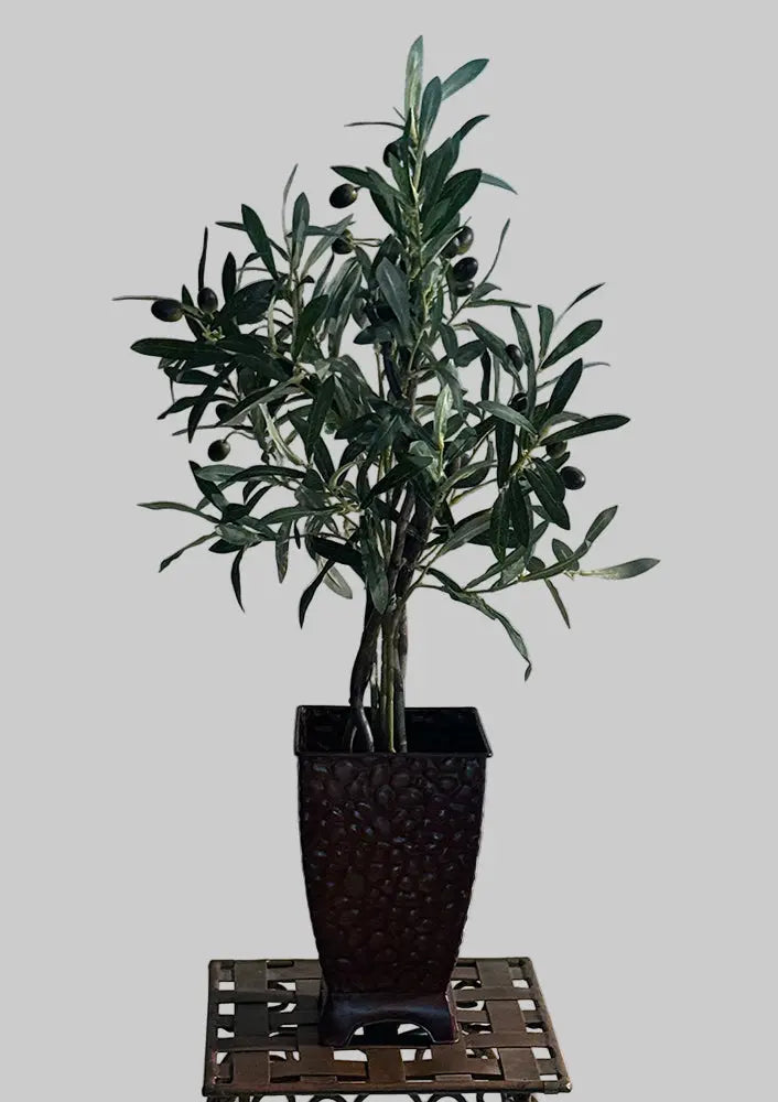 28 inch olive tree w 10" Square Decorative Metal Hammered Copper Container Silk Plants Canada