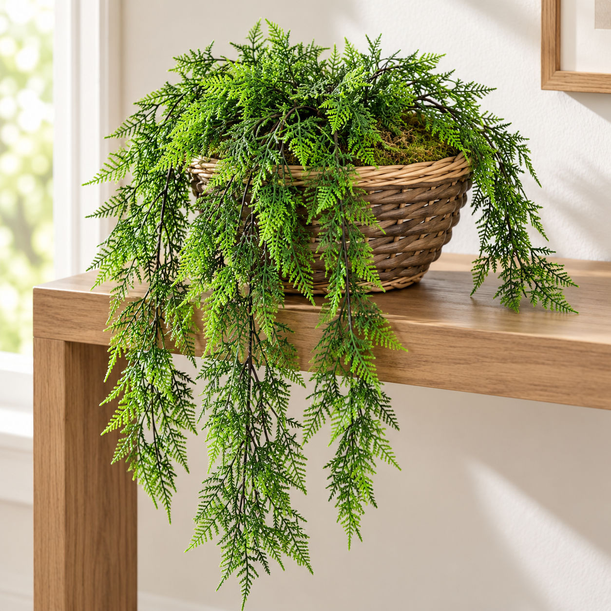 28 Inch Artificial PVC Pinus Plumosa Trailing Vine styled in 12 Inch Wicker Basket—container sold separately