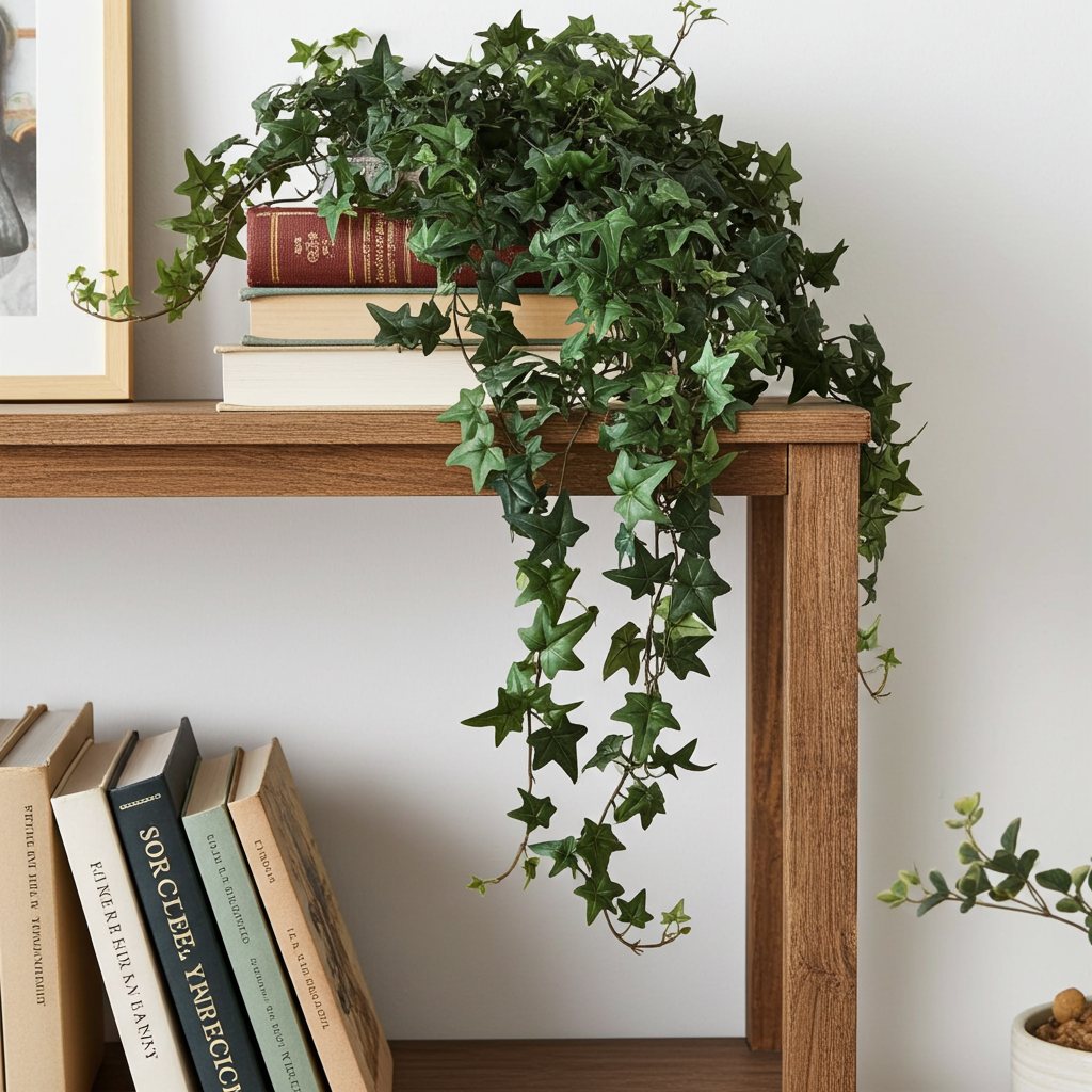30 inch Pittsburg Mini  leaf Training Ivy on a set of book cascading on the side of a entry table