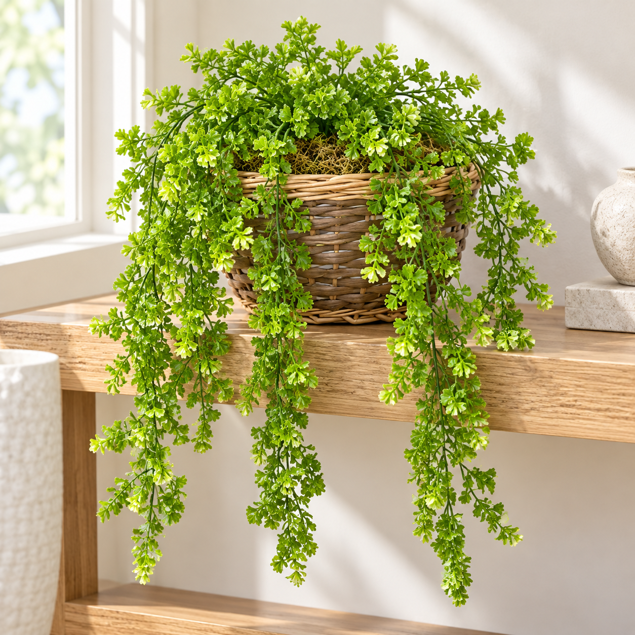31 Inch Artificial PVC Parsley Trailing Vine styled in 12 Inch Wicker Basket—container sold separately