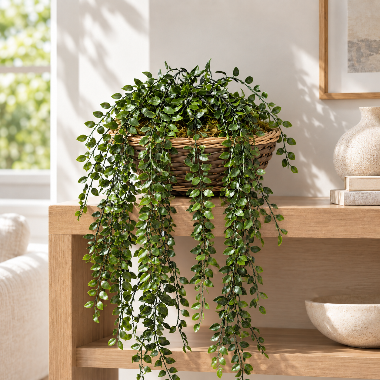 35 Inch Artificial PVC Loquat Trailing Vine styled in 12 Inch Wicker Basket—basket and custom potting sold separately