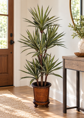 43 inch artificial PVC Pandanus screw pine shown in a decorative footed container (not included) in a home entryway