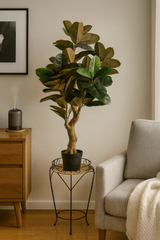 45 inch artificial silk rubber plant on a plant stand in corner of living room