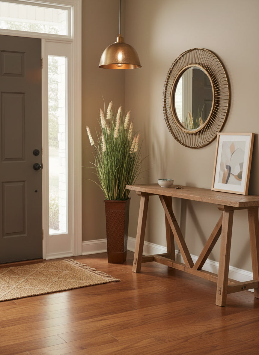 Artificial cattail grass arrangement with 16 blooms in faux leather metal floor vase placed in the corner of an indoor front entryway.