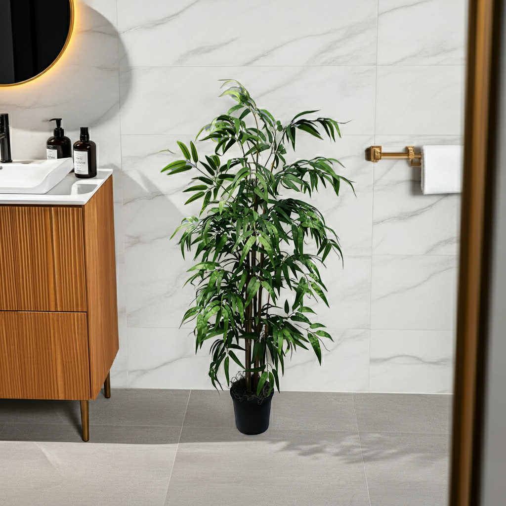 4 foot artificial silk bamboo palm tree custom made o natural wood in a bathroom setting