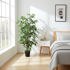 4 foot artificial silk bamboo palm tree in a bedroom setting 