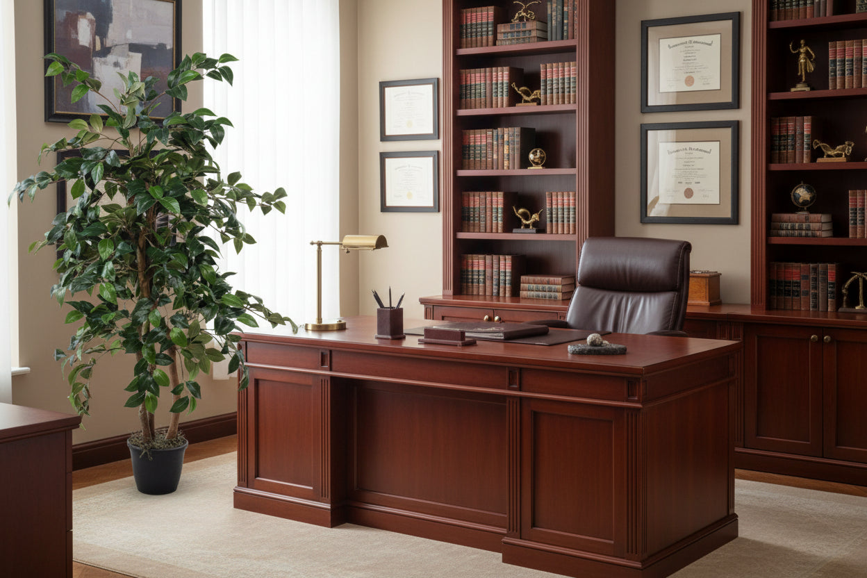 54 inch artificial silk camellia tree custom made on wood in an office setting